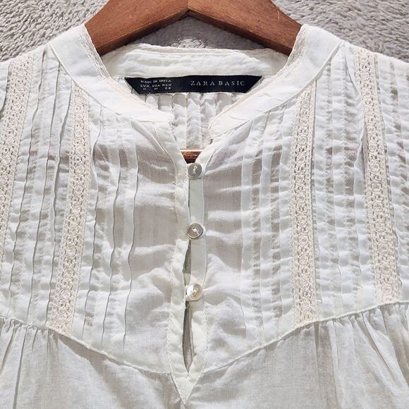 Zara Womens White Short Sleeve Pleated Blouse Size Medium Prairie Cottagecore - Picture 3 of 9